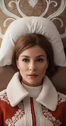 a young woman sitting on top of a bed wearing an orange dress and coat