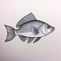 black and white drawing of a fish with stripes on its body,a drawing of a fish with a striped tail,a black and white picture of a fish,a fish with stripes is in black and white,a blue and white fish with a black nose
