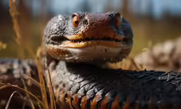 a close up image of an alligator looking out