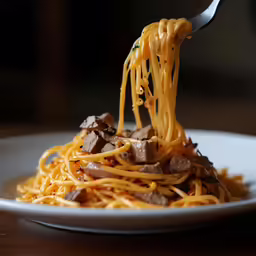 pasta with vegetables and meat being eaten