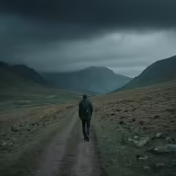 a person walking on a trail in a field