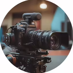 the video camera is on the tripod in a room