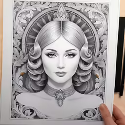 a hand holding up an ink drawing of a woman