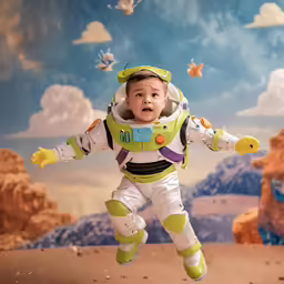 young boy in a space suit with birds behind him