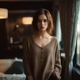 a woman is standing near a window in a room