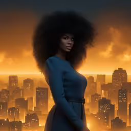 a woman with an afro stands in front of city