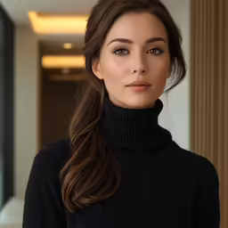 a woman with long hair, wearing a black turtle neck sweater