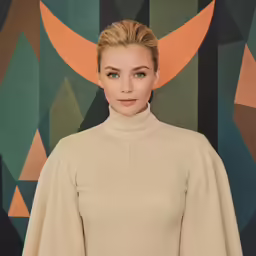 the blonde haired model is wearing a tan turtle neck top