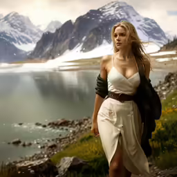 a woman wearing a dress walking by a lake