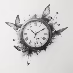 a black and white clock with two butterflies