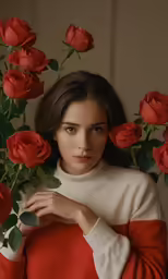 a woman in a sweater with roses in her hair