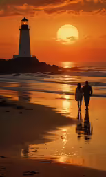 a couple walking down a beach next to a lighthouse