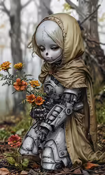 a painting of a young child wearing a white robot costume, with flowers in the foreground and trees behind her