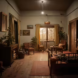 a living room with couches and a desk