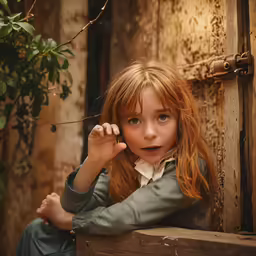 a girl is leaning up against an old door