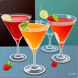 three colorful glasses of wine are sitting on a table