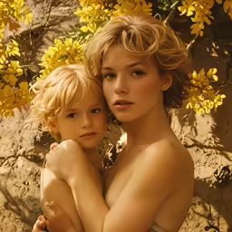 two women in bikinis embracing near flowers
