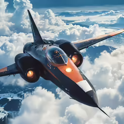 a jet airplane flying high above the clouds