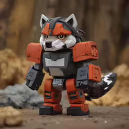a toy robot with two legs and a metal helmet on, on rocks