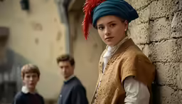 a young man standing next to a woman, wearing a blue hat
