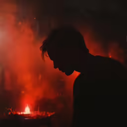 the silhouette of a man looking down at something in the dark
