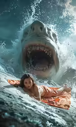 a woman laying on the ocean near a shark