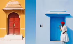 there are two doors with blue, yellow, and red