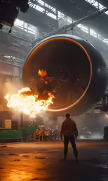 an airplane being blown in a factory with the workers watching