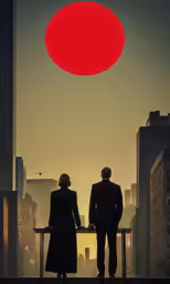 a man and woman standing on top of a roof while looking at a giant red circle