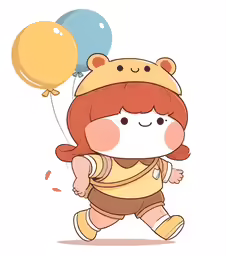 the small girl with red hair is running while holding two balloons