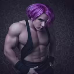 a shirtless male with pink hair poses for a photo