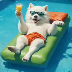 a dog laying in an inflatable pool with a drink