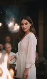 a woman in white standing near a fire pit with smoke