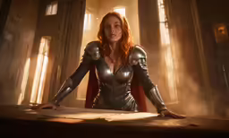 the image depicts an orange haired woman in a armor outfit and a sword, seated next to a desk