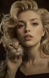 the woman is holding a kitten and wearing it