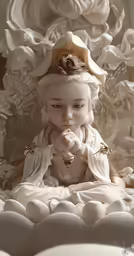 a doll sitting on the top of a bed