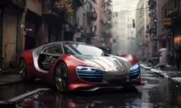 a red and silver sports car sitting on top of a rain covered street