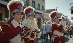women in long and short red marching uniforms marching down the street