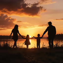 a family stands on grass as the sun sets behind them