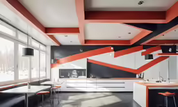 the orange and white kitchen is next to the large window