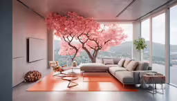 a living room with an abstract painting over the couch