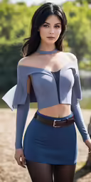 the beautiful girl with very big breast wearing a blue dress