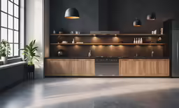 a kitchen that has a metal fridge freezer in it
