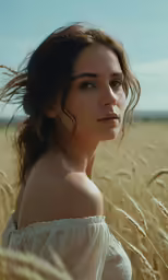 a woman is looking directly at the camera in a field