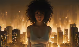 a woman with a tattoo on standing in front of a fire