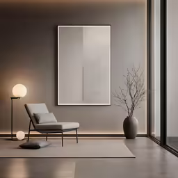 a modern grey room with a framed mirror and gray furniture