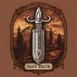 the large sword is surrounded by an ornate emblem,a knife on a brown background with a mountain scene in the background