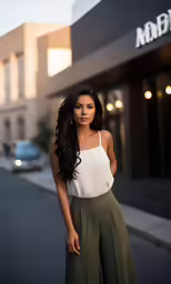 a young woman wearing a wide legged green and white dress pants
