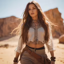 a beautiful woman standing in the desert with a knife in hand