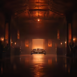 a car is driving through a dark parking garage